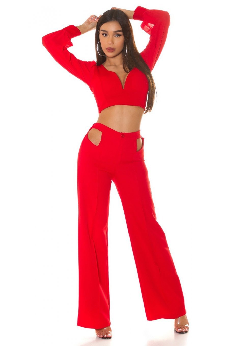 Crop top dama, rosu, cu maneca lunga si decolteu in V, Meredith 3 - jojofashion.ro