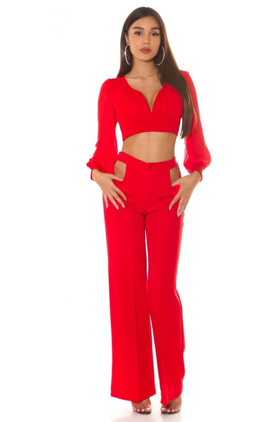 Crop top dama, rosu, cu maneca lunga si decolteu in V, Meredith 5 - jojofashion.ro