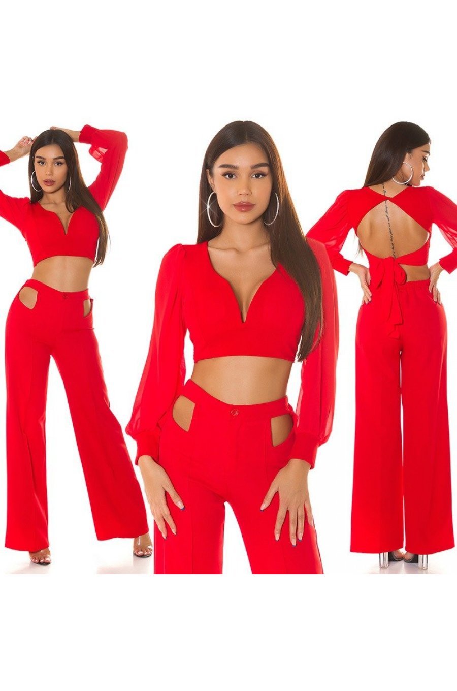 Crop top dama, rosu, cu maneca lunga si decolteu in V, Meredith 6 - jojofashion.ro