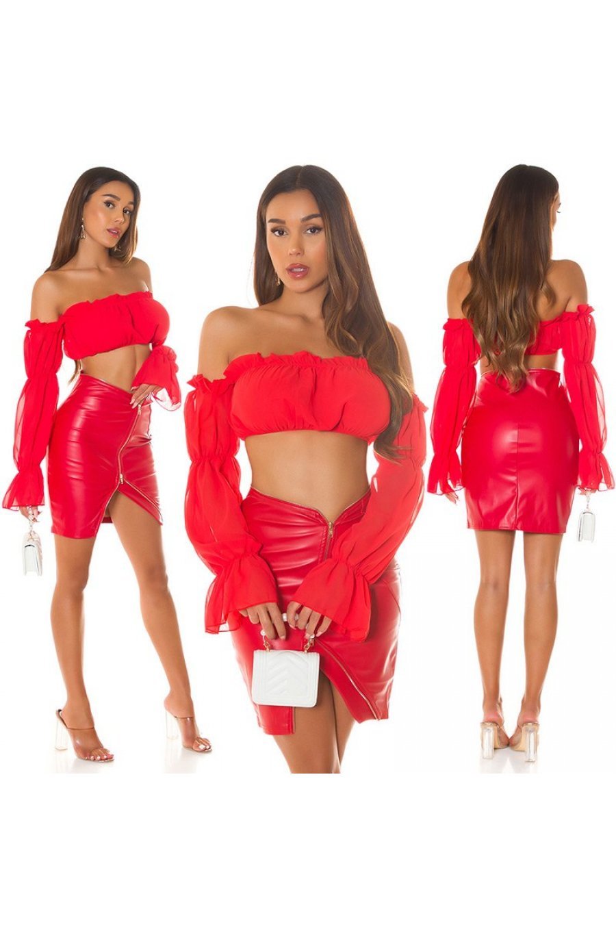 Crop top dama, rosu, cu umerii goi, maneca lunga, in stil spaniol, Lisette 7 - jojofashion.ro