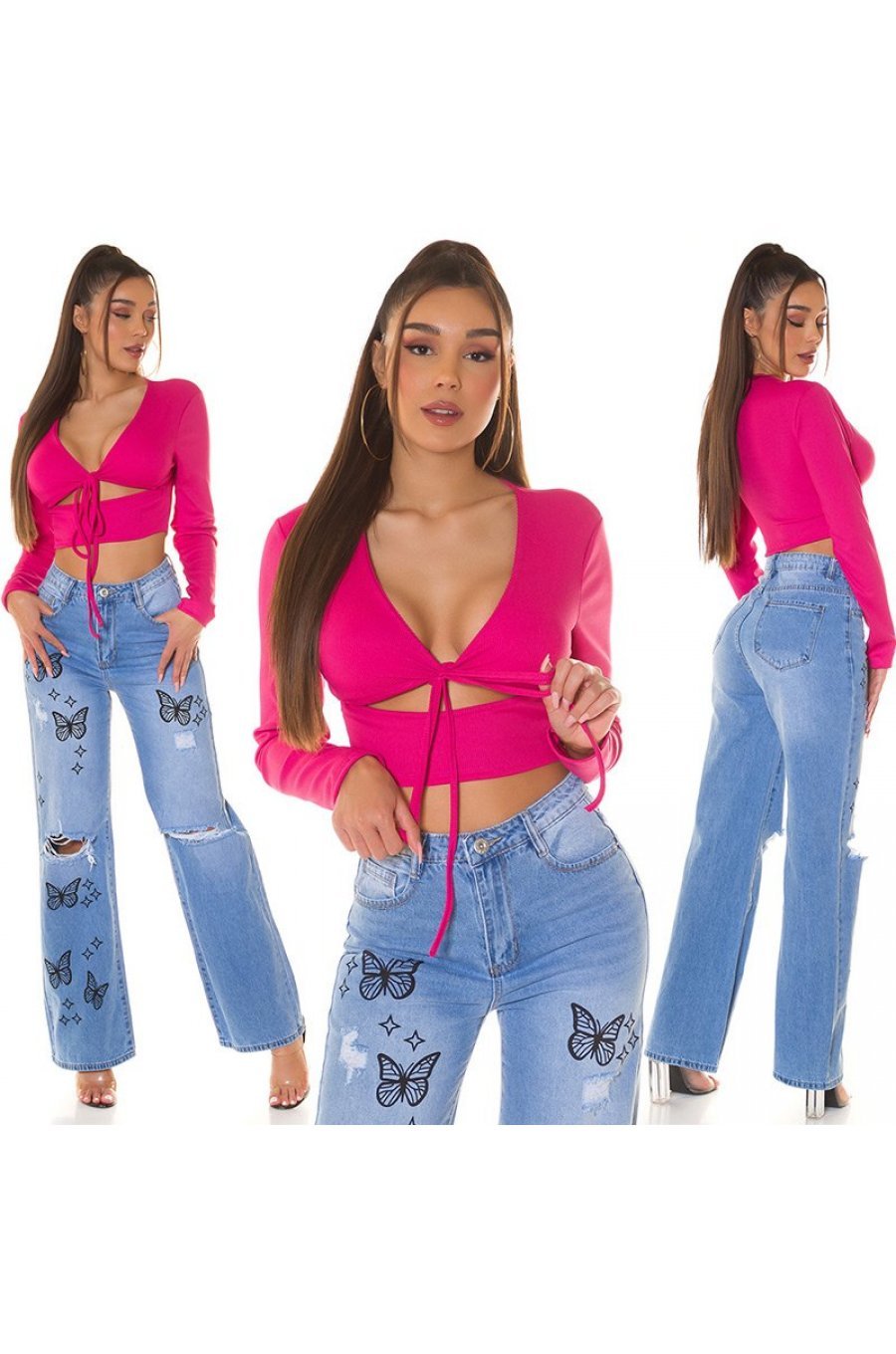 Crop top dama roz ciclam, cu maneca lunga si cupe, Darya Crop top dama roz ciclam, cu maneca lunga si cupe, Darya 6 - jojofashion.ro