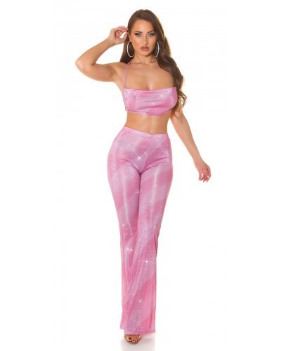 Tinuta glitter top roz si pantaloni evazati Aireen Tinute de club, Tinuta glitter top roz si pantaloni evazati Aireen - jojofashion.ro