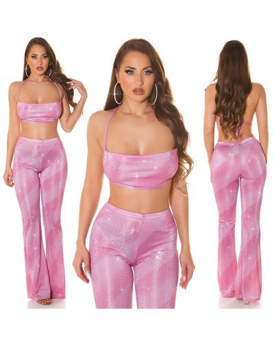 Tinuta glitter top roz si pantaloni evazati Aireen Tinute de club, Tinuta glitter top roz si pantaloni evazati Aireen - jojofashion.ro