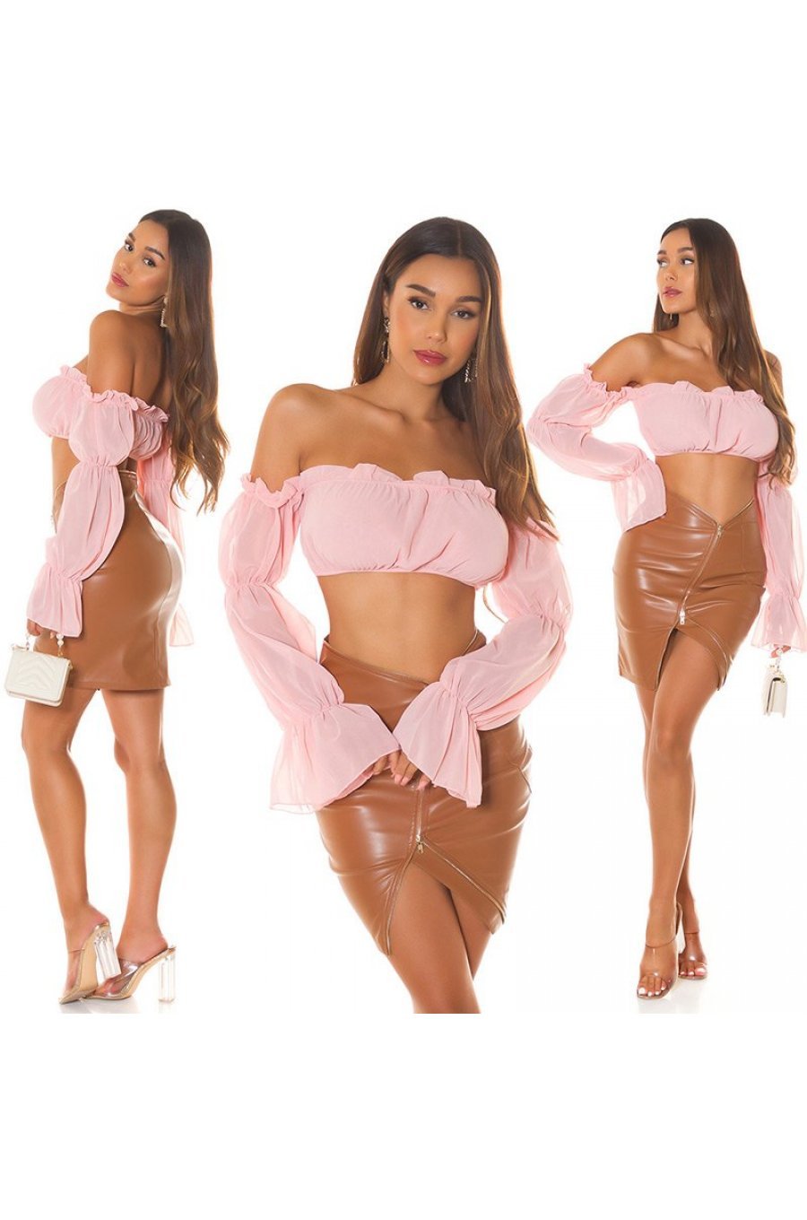 Tinuta crop top roz pal, fusta piele eco maro si geanta bej cu perle Lisette 1 - jojofashion.ro