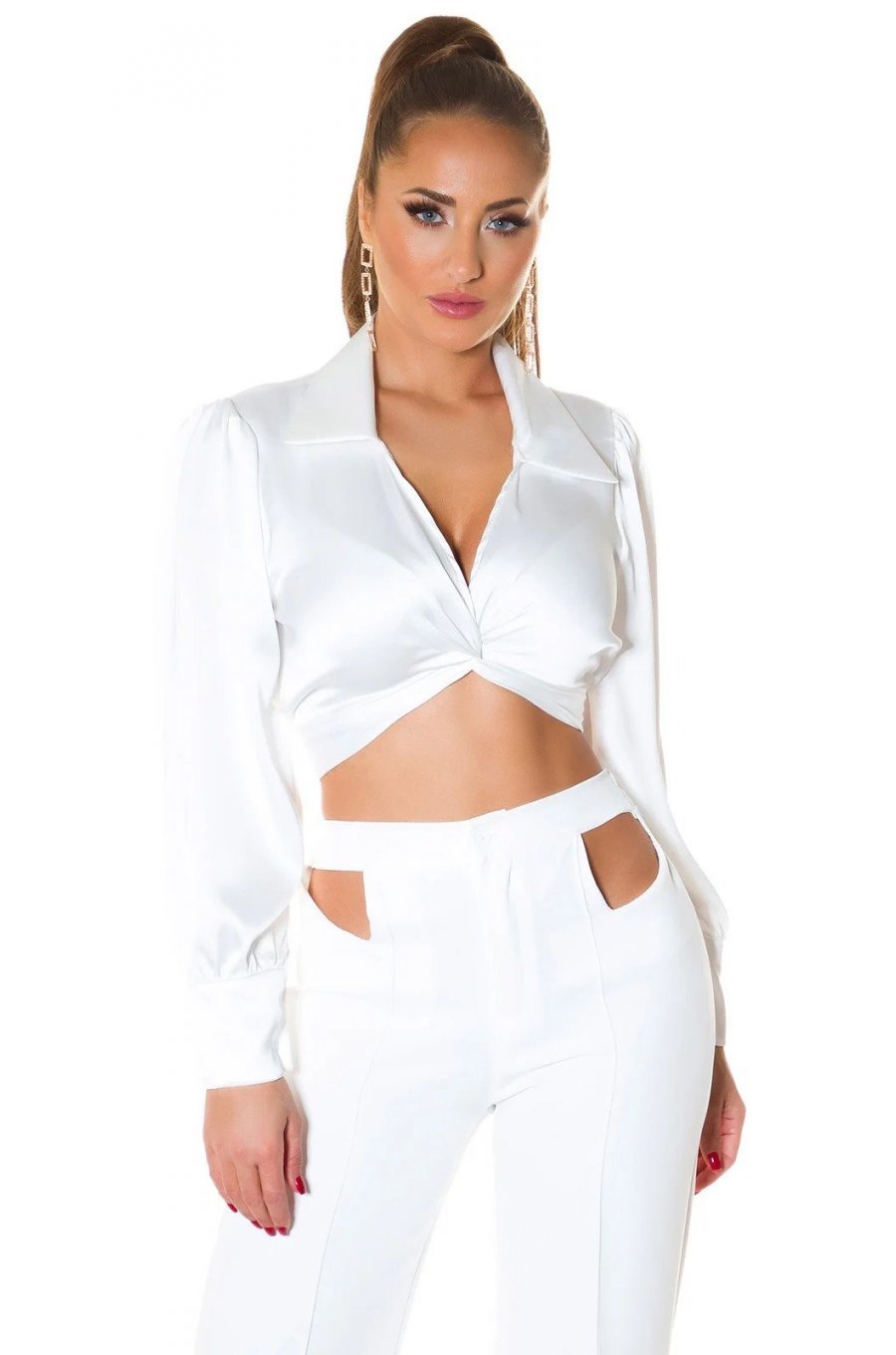 Crop top dama elegant satin alb Kroma 1 - jojofashion.ro