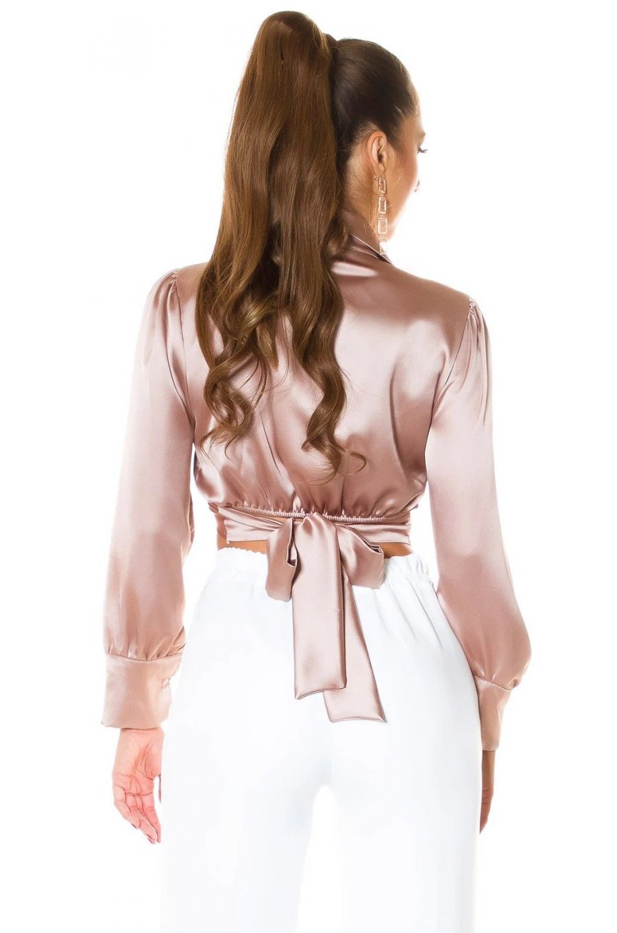 Crop top dama elegant satin cappuccino Kroma 2 - jojofashion.ro