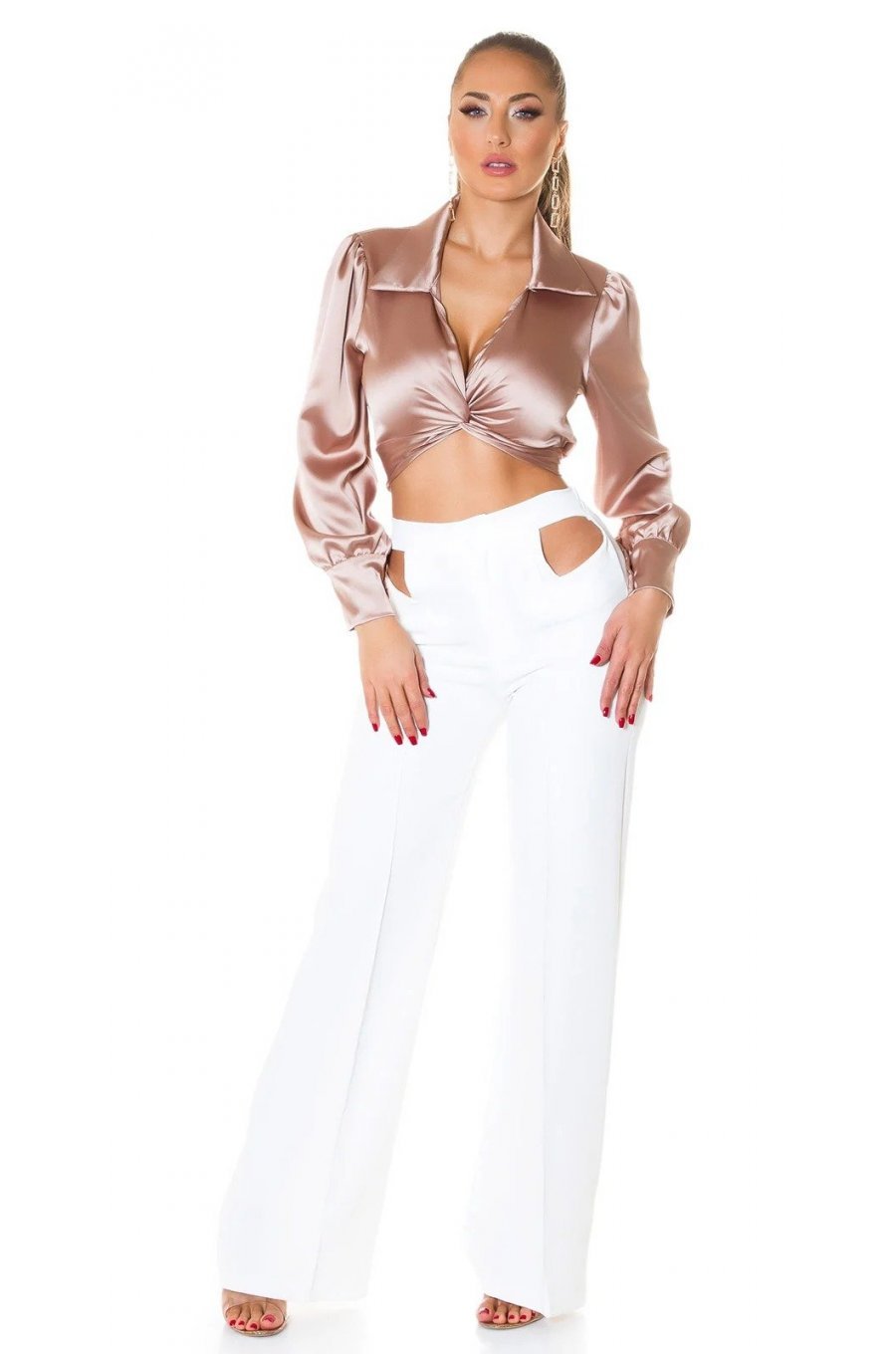 Crop top dama elegant satin cappuccino Kroma 3 - jojofashion.ro