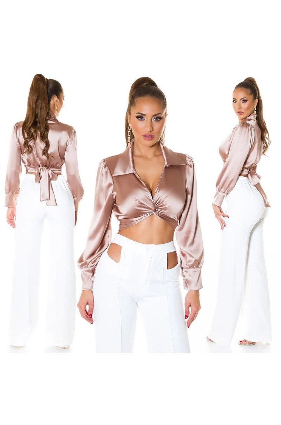 Crop top dama elegant satin cappuccino Kroma 5 - jojofashion.ro