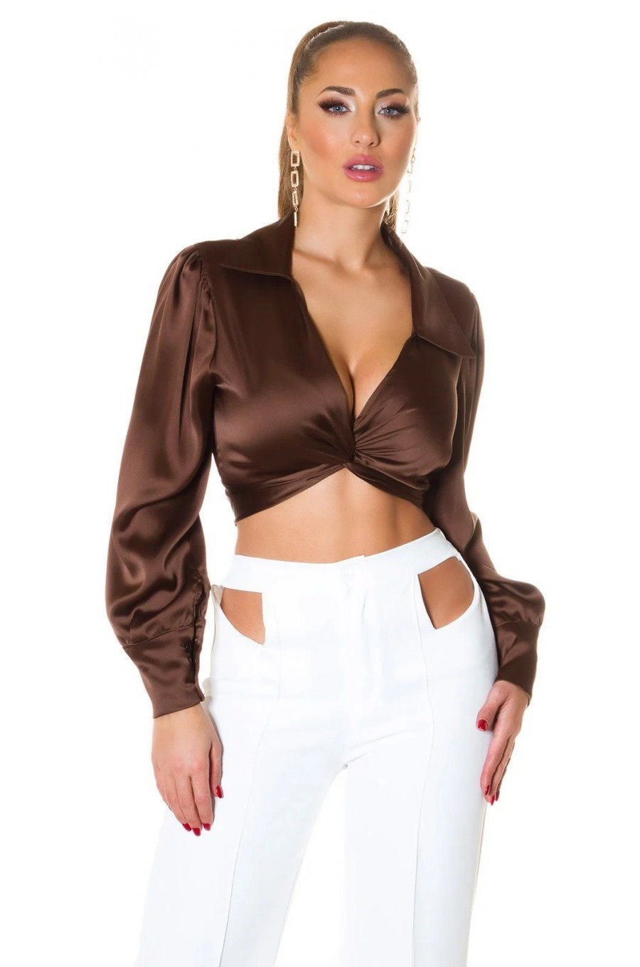 Crop top dama elegant satin maro Kroma 1 - jojofashion.ro