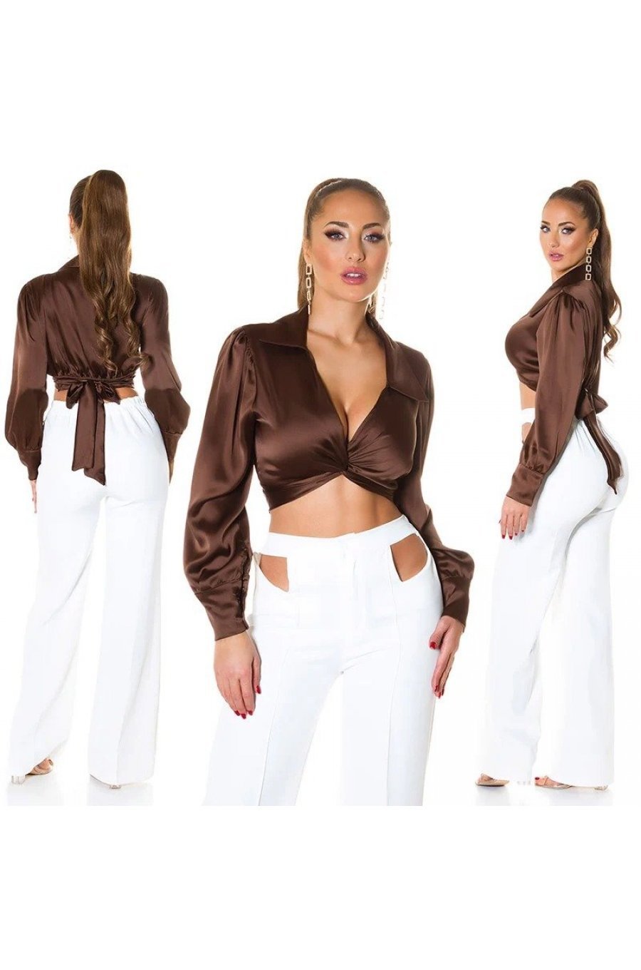 Crop top dama elegant satin maro Kroma 5 - jojofashion.ro