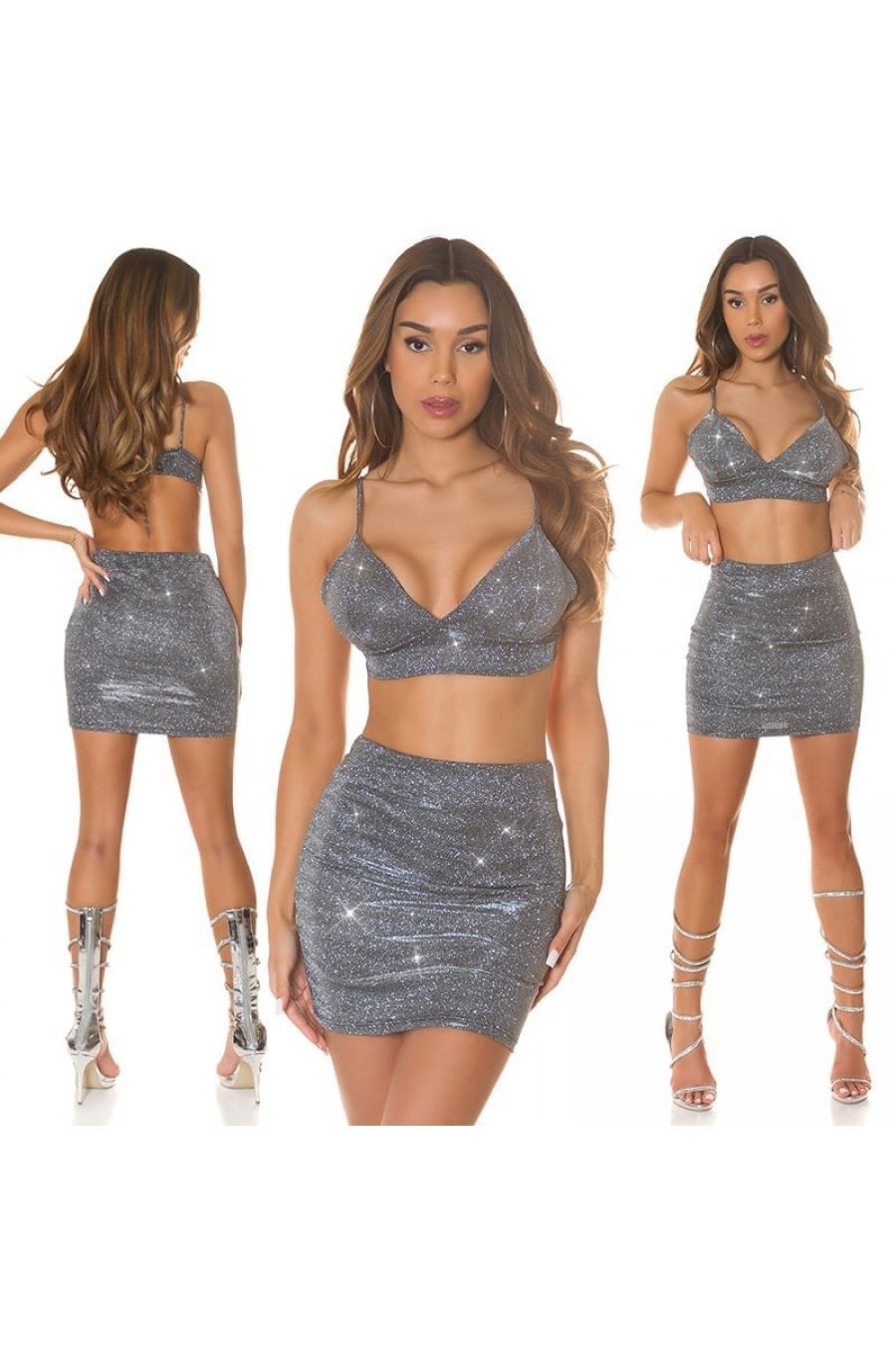 Crop top dama tip bustiera, din glitter gri antracit, Jandi Crop top dama tip bustiera, din glitter gri antracit, Jandi 8 - jojofashion.ro