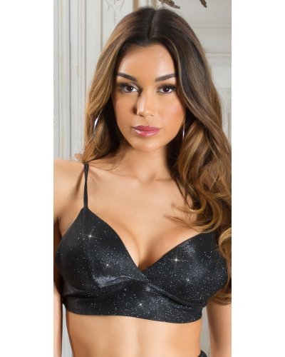 Crop top dama tip bustiera, din glitter negru, Jandi Crop top dama tip bustiera, din glitter negru, Jandi - jojofashion.ro