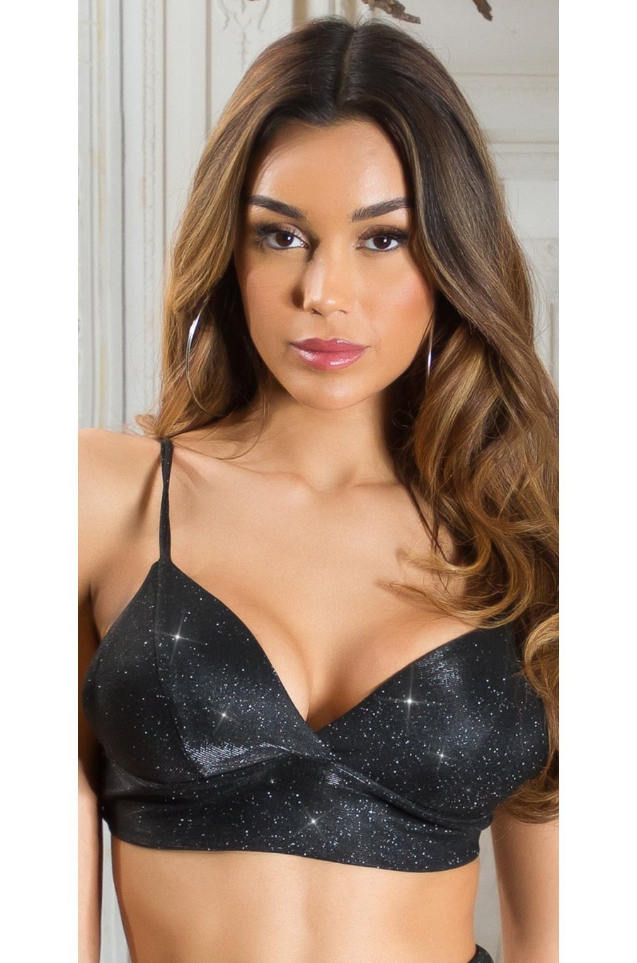 Crop top dama tip bustiera, din glitter negru, Jandi Crop top dama tip bustiera, din glitter negru, Jandi 1 - jojofashion.ro