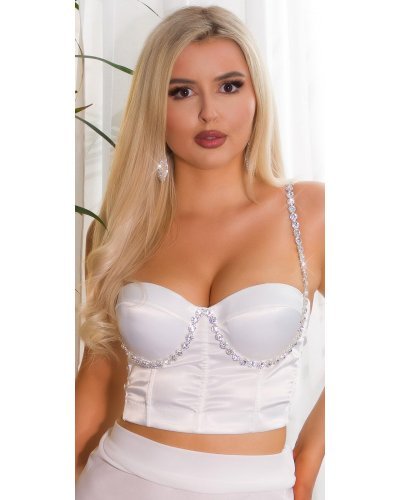 Crop top dama tip corset, alb cu pietricele, Ruslana Tinute de club, Crop top dama tip corset, alb cu pietricele, Ruslana - jojofashion.ro