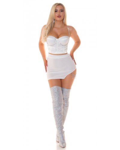 Tinuta top alb tip corset cu pietricele si fusta scurta Ruslana Tinute de club, Tinuta top alb tip corset cu pietricele si fusta scurta Ruslana - jojofashion.ro