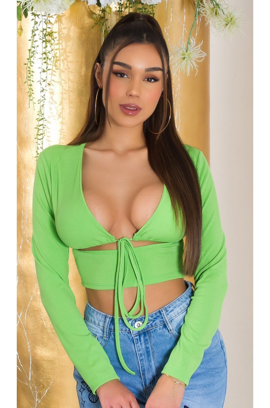 Crop top dama verde light, cu maneca lunga si cupe, Darya Crop top dama verde light, cu maneca lunga si cupe, Darya 1 - jojofashion.ro
