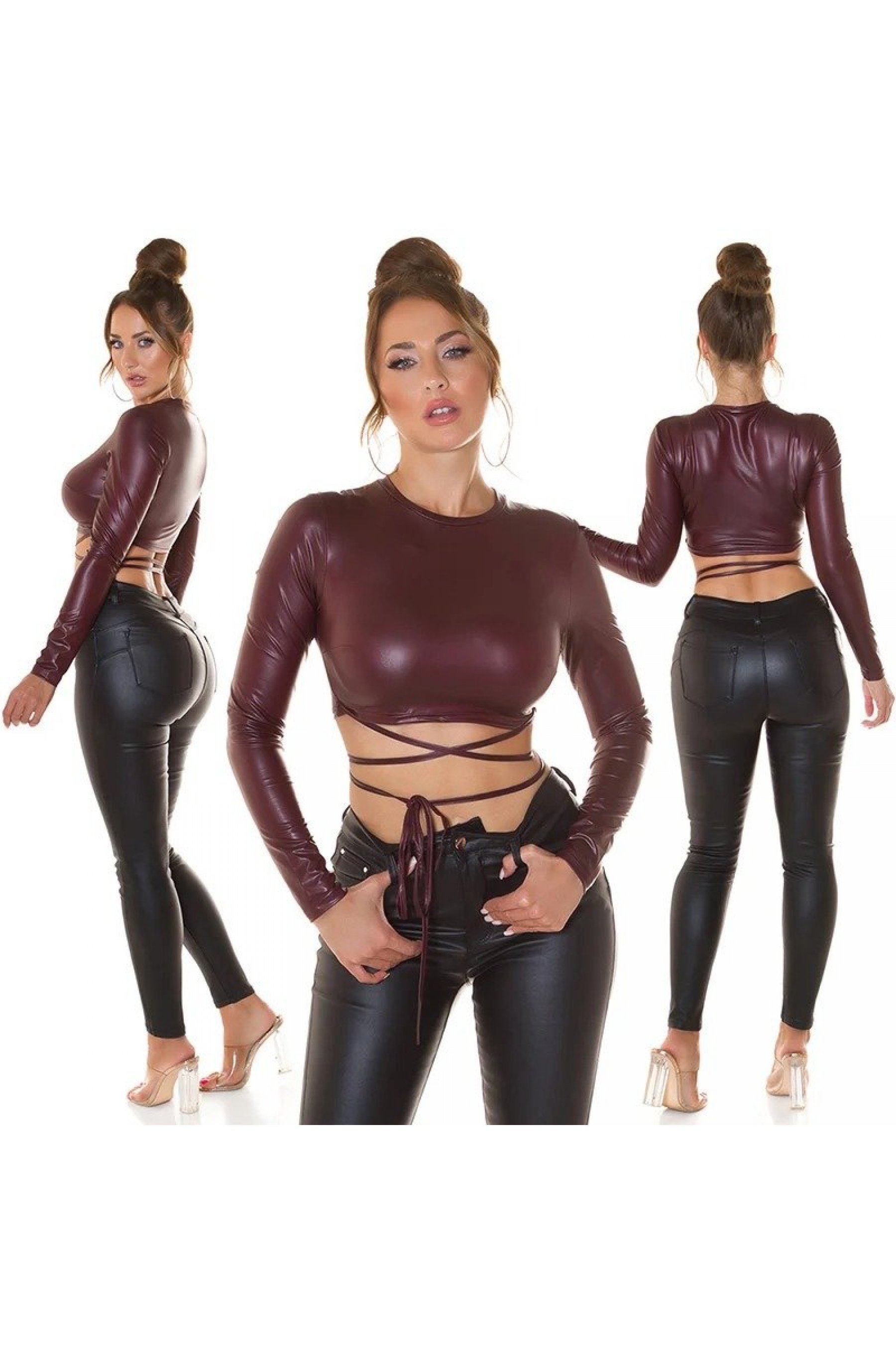Wetlook donna pelle verniciata senza maniche serbatoio crop