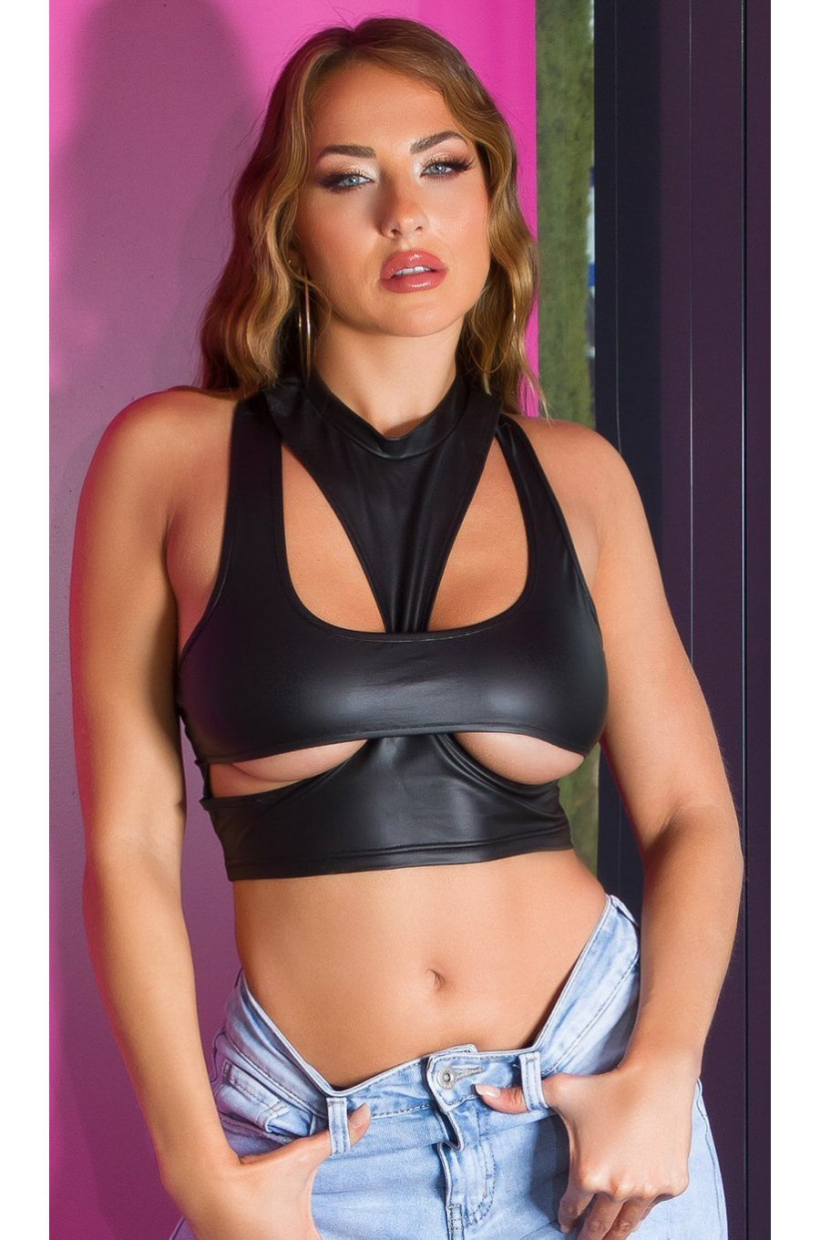 Crop top dama wetlook, negru, cu decupaje, Ciarra Crop top dama wetlook, negru, cu decupaje, Ciarra 1 - jojofashion.ro