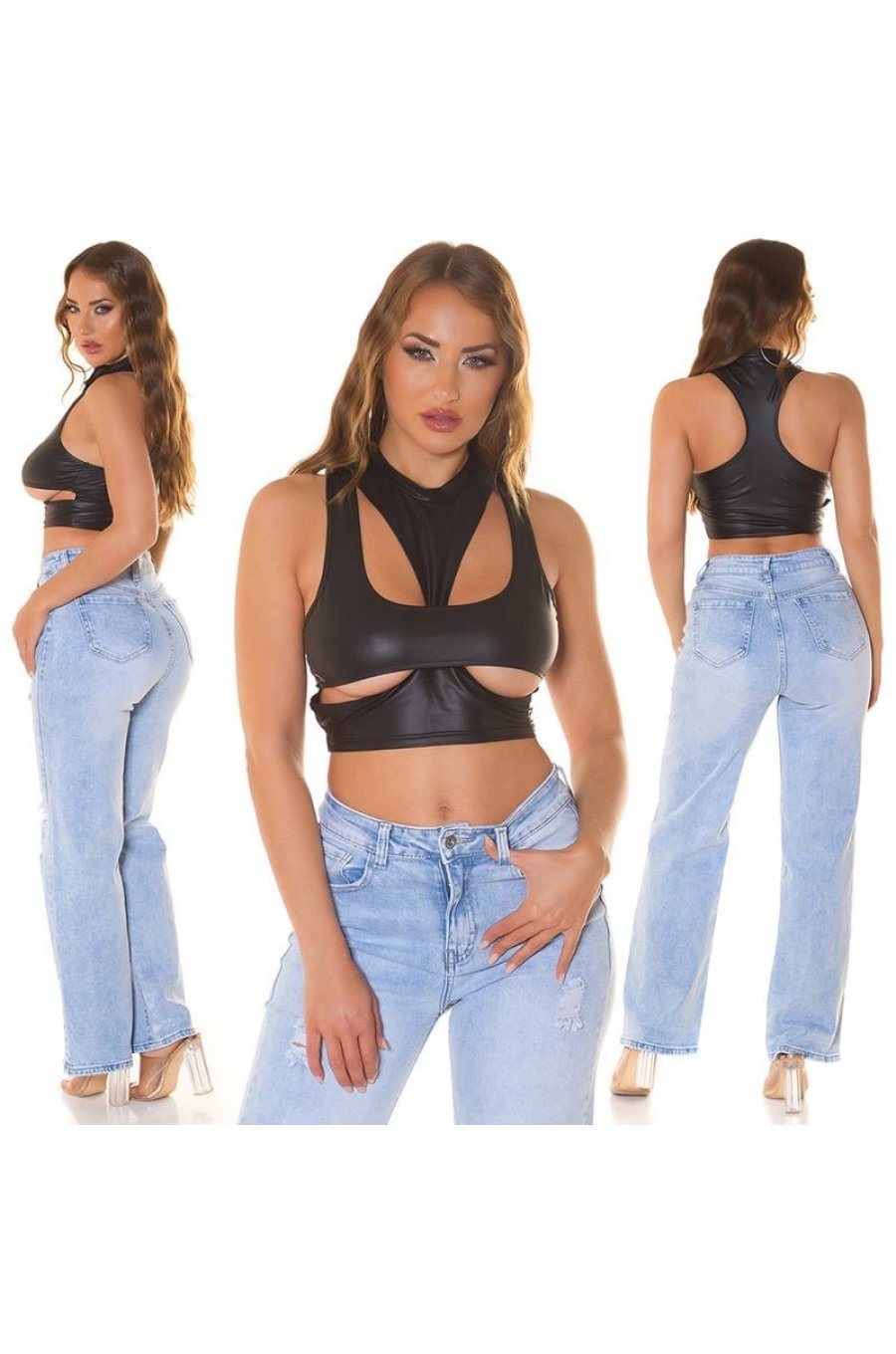 Crop top dama wetlook, negru, cu decupaje, Ciarra Crop top dama wetlook, negru, cu decupaje, Ciarra 6 - jojofashion.ro