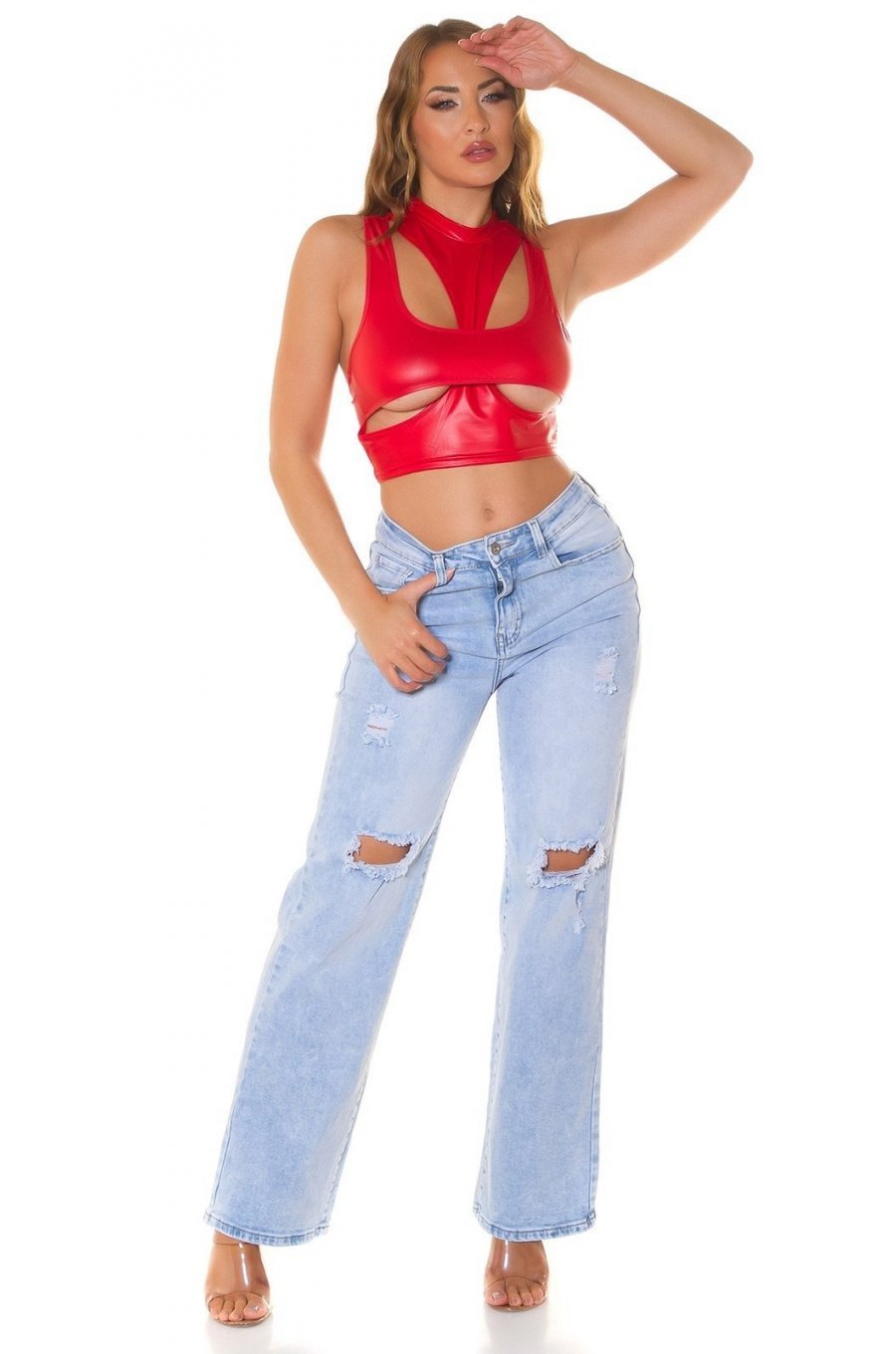 Crop top dama wetlook, rosu, cu decupaje, Ciarra 3 - jojofashion.ro