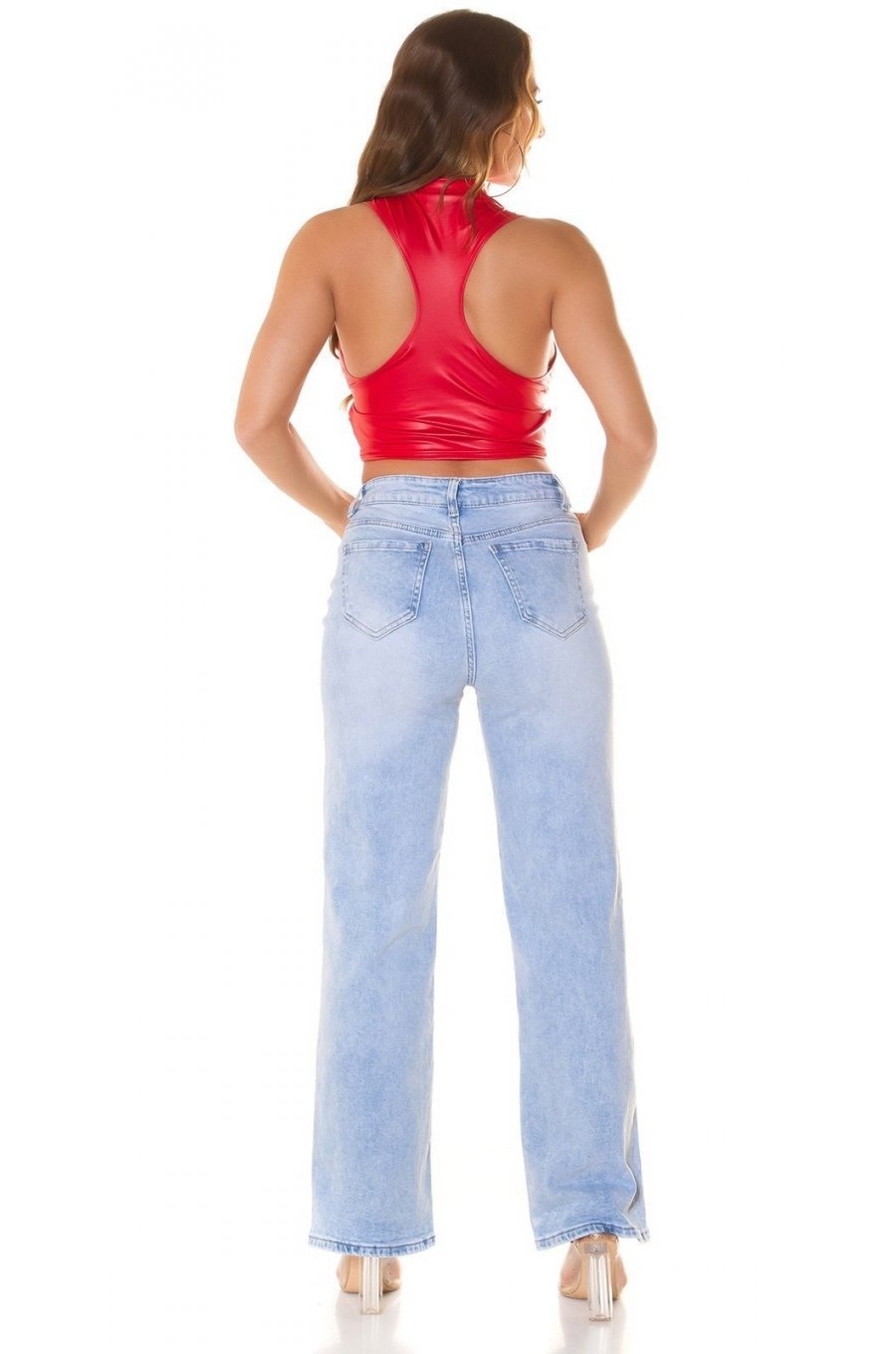 Crop top dama wetlook, rosu, cu decupaje, Ciarra 5 - jojofashion.ro