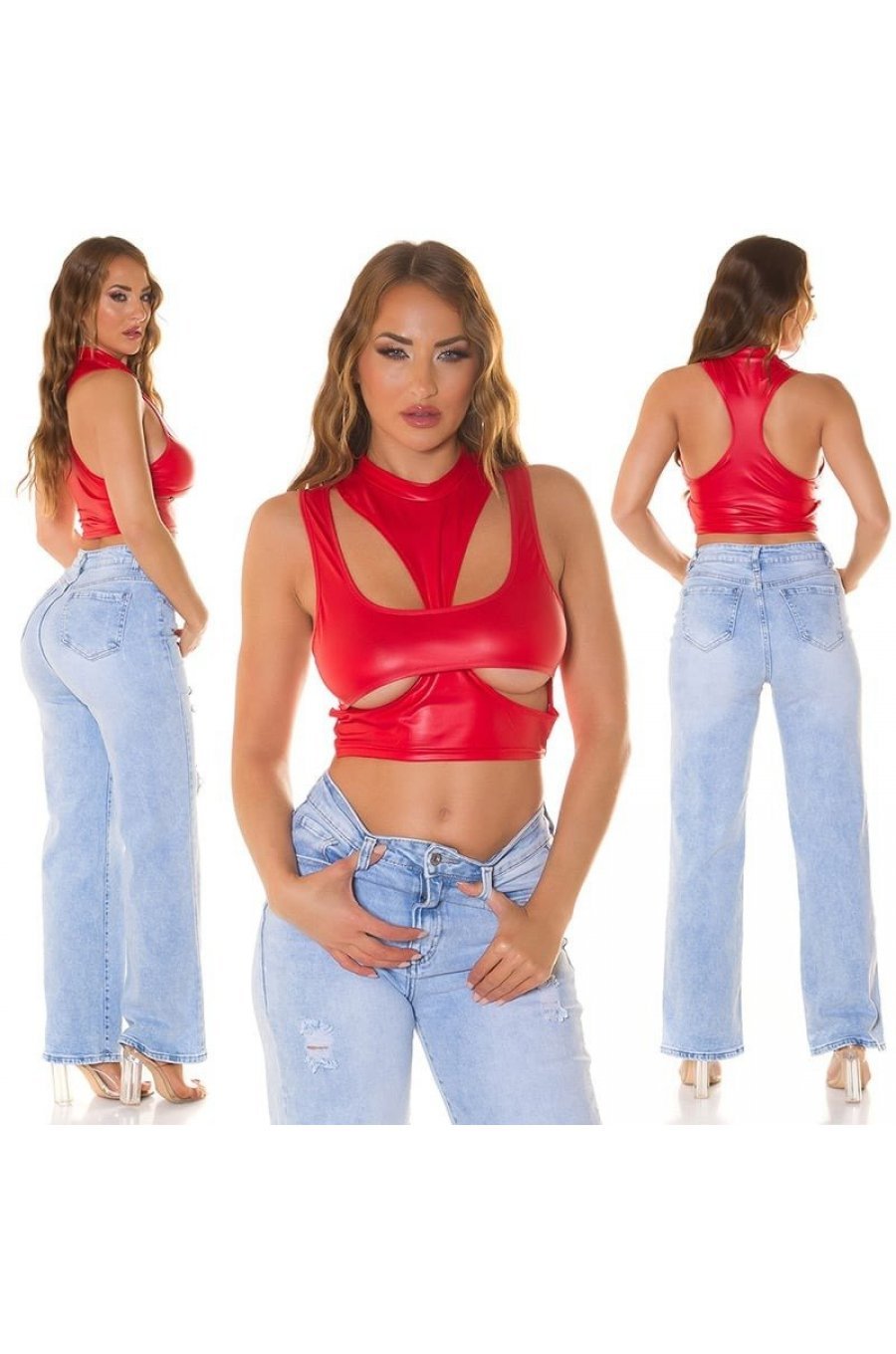 Crop top dama wetlook, rosu, cu decupaje, Ciarra 6 - jojofashion.ro