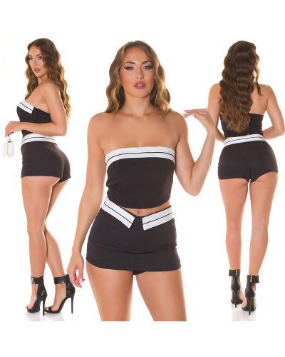Tinuta crop top negru cu dungi albe bandeau, fusta scurta tip skort si geanta bej cu perle Julianne Tinute de club, Tinuta crop top negru cu dungi albe bandeau, fusta scurta tip skort si geanta bej cu perle Julianne - jojofashion.ro