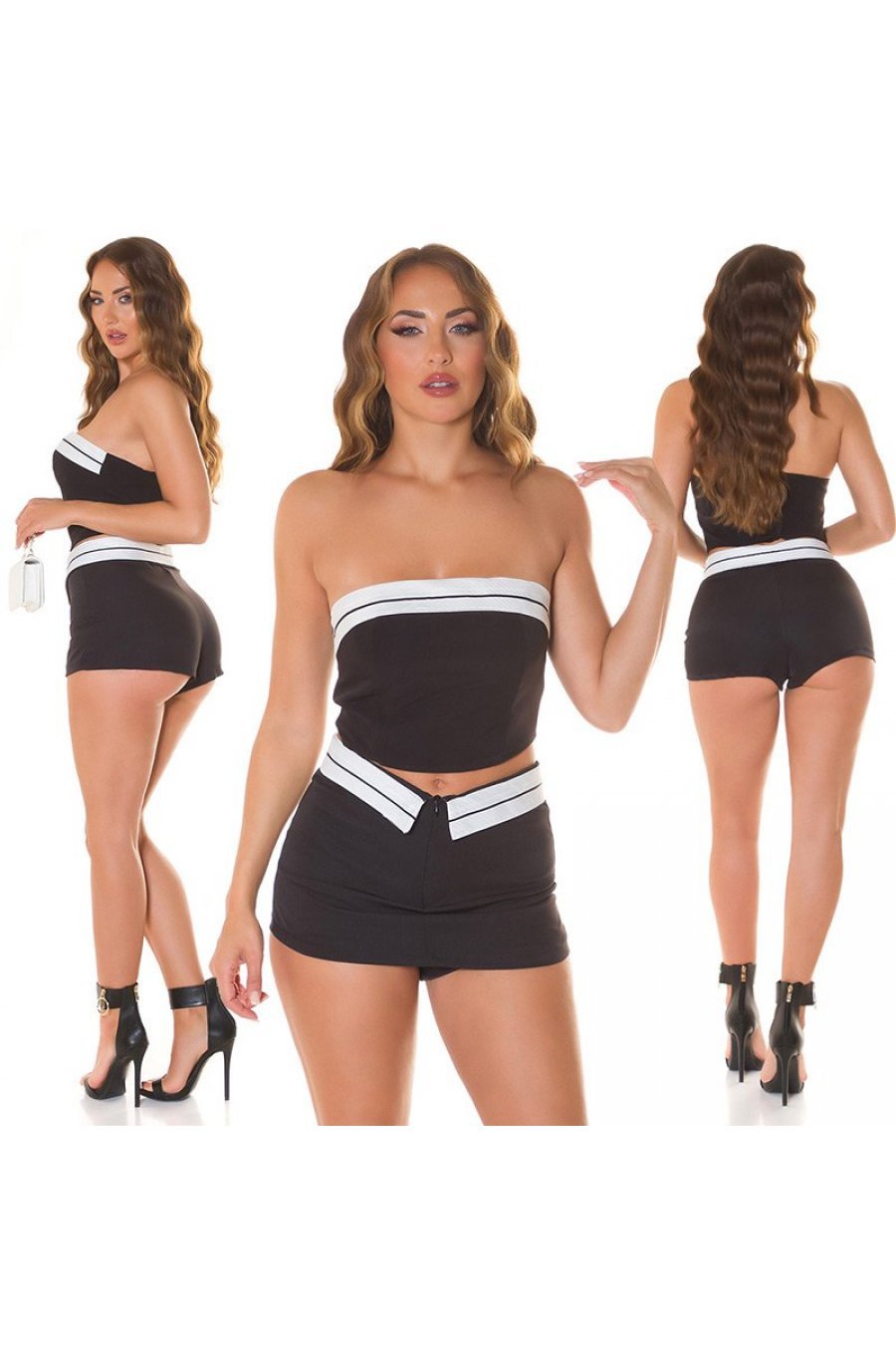 Tinuta crop top negru cu dungi albe bandeau, fusta scurta tip skort si geanta bej cu perle Julianne 1 - jojofashion.ro