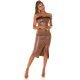 Tinuta top bronz piele eco cu puf si fusta midi Pukam 2 - jojofashion.ro