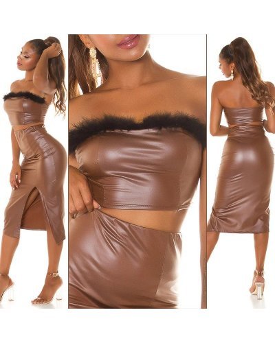 Tinuta top bronz piele eco cu puf si fusta midi Pukam Tinute de club, Tinuta top bronz piele eco cu puf si fusta midi Pukam - jojofashion.ro
