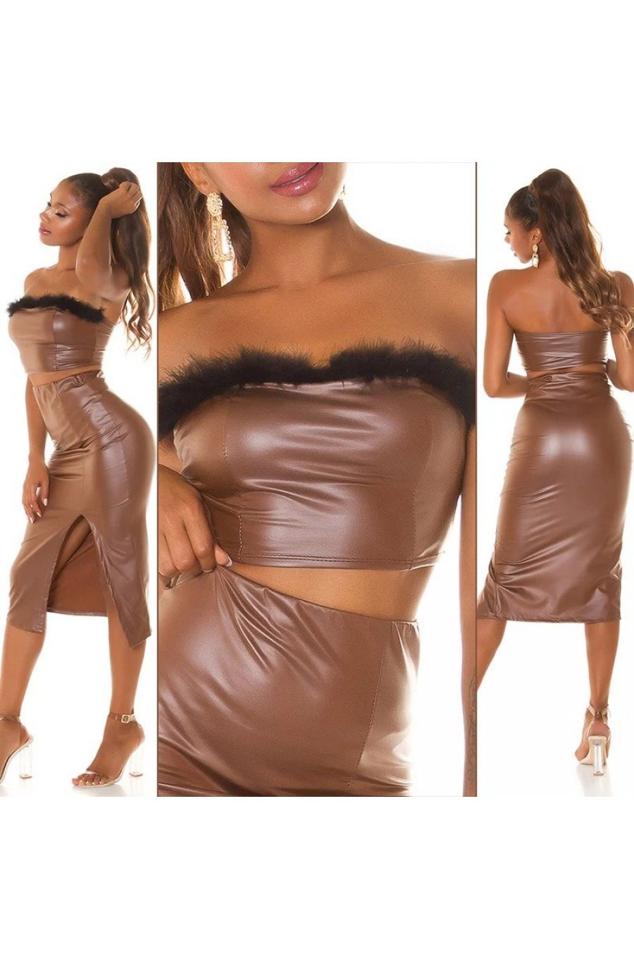 Tinuta top bronz piele eco cu puf si fusta midi Pukam 2 - jojofashion.ro