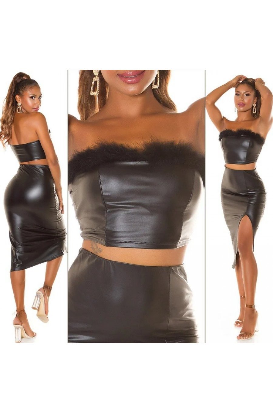 Crop top dama negru piele eco cu puf Pukam Crop top dama negru piele eco cu puf Pukam 5 - jojofashion.ro