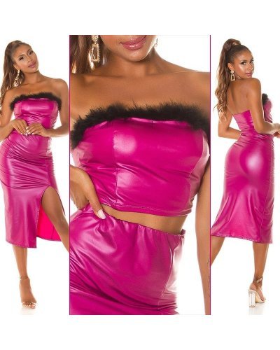 Tinuta top roz fucsia si fusta conica piele eco Pukam Tinute de club, Tinuta top roz fucsia si fusta conica piele eco Pukam - jojofashion.ro