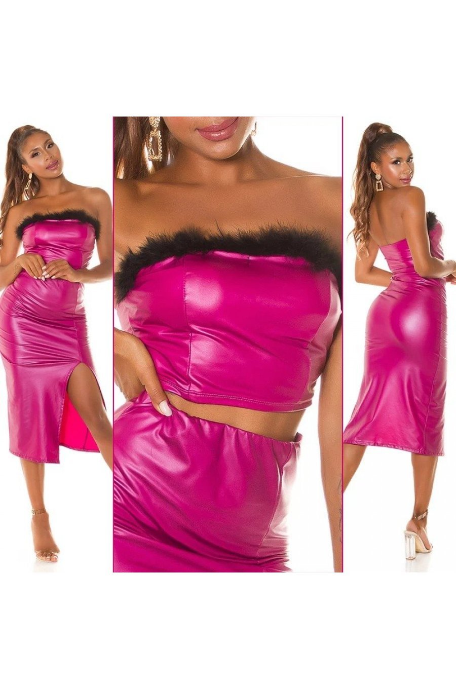 Tinuta top roz fucsia si fusta conica piele eco Pukam 2 - jojofashion.ro
