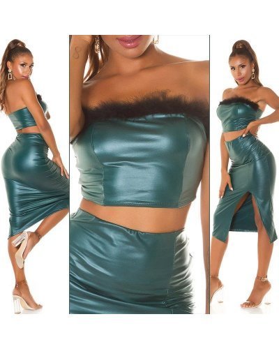 Tinuta top verde piele eco cu puf si fusta piele eco midi Pukam Tinute de club, Tinuta top verde piele eco cu puf si fusta piele eco midi Pukam - jojofashion.ro