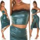 Tinuta top verde piele eco cu puf si fusta piele eco midi Pukam 3 - jojofashion.ro