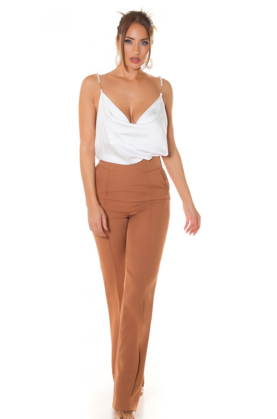 Top dama, decolteu cascada, satin alb, accesorizat cu perle artificiale, Cinnia 5 - jojofashion.ro