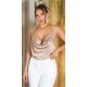 Top dama, decolteu cascada, satin bej, accesorizat cu perle artificiale, Cinnia 2 - jojofashion.ro