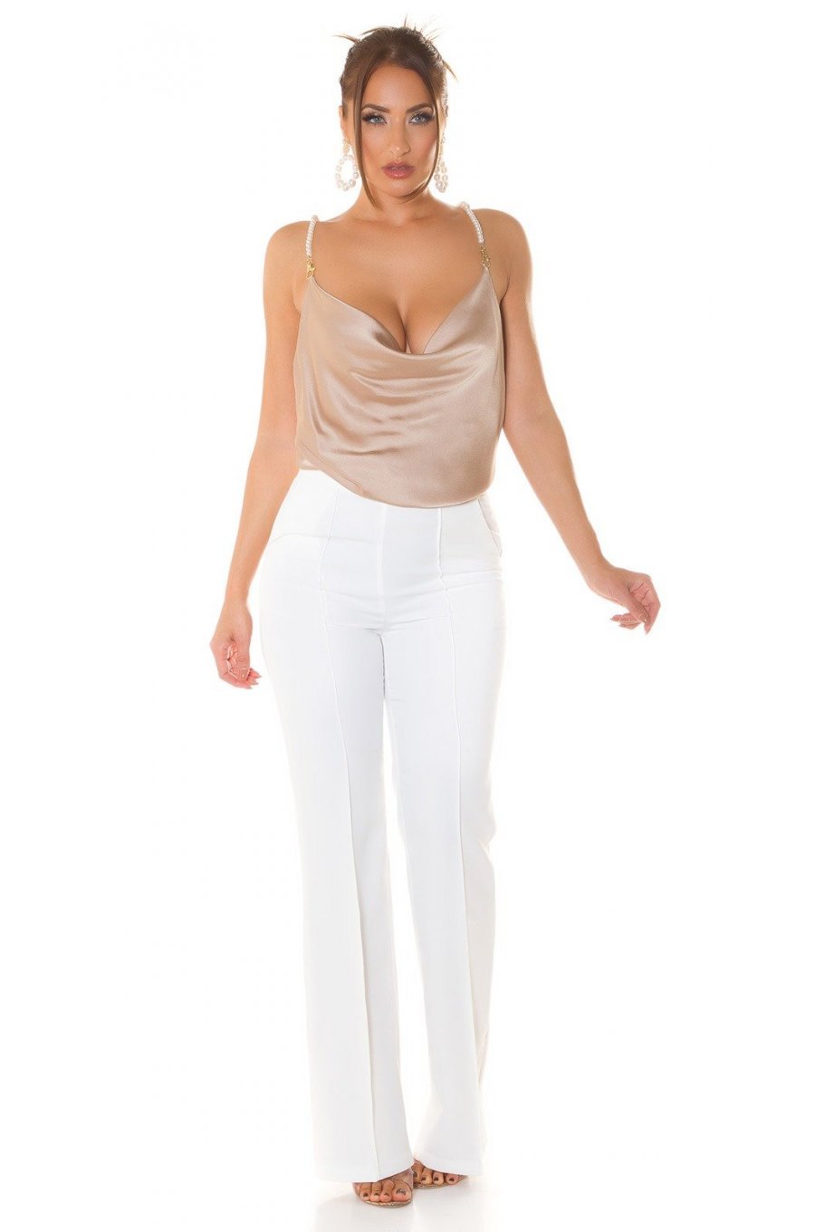 Top dama, decolteu cascada, satin bej, accesorizat cu perle artificiale, Cinnia 3 - jojofashion.ro