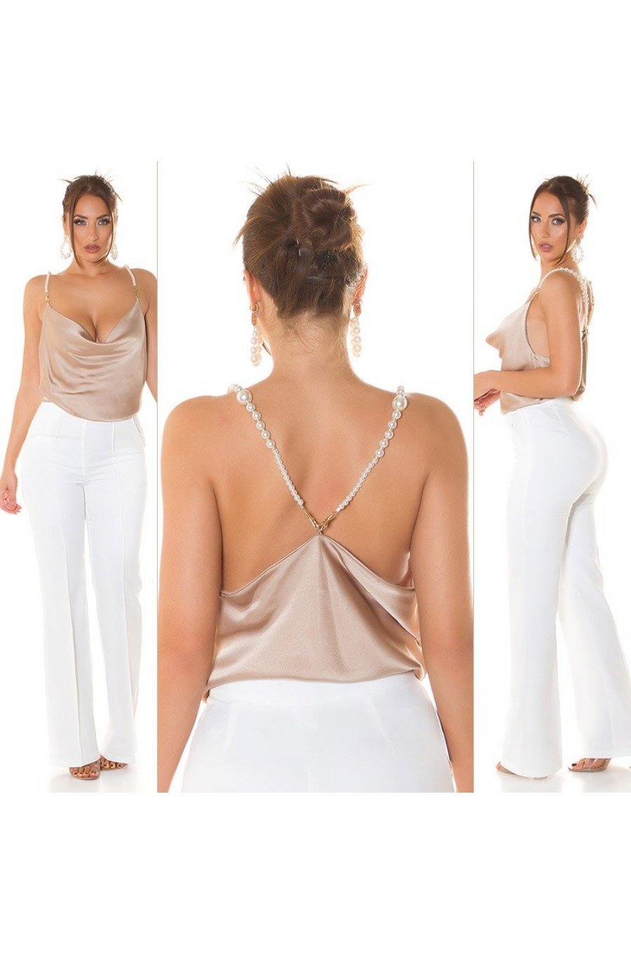 Top dama, decolteu cascada, satin bej, accesorizat cu perle artificiale, Cinnia 6 - jojofashion.ro