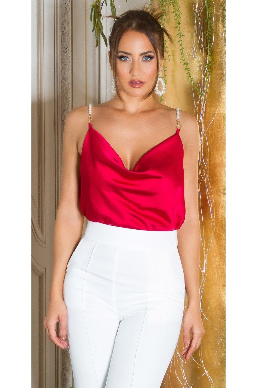 Top dama, decolteu cascada, satin rosu, accesorizat cu perle artificiale, Cinnia 1 - jojofashion.ro