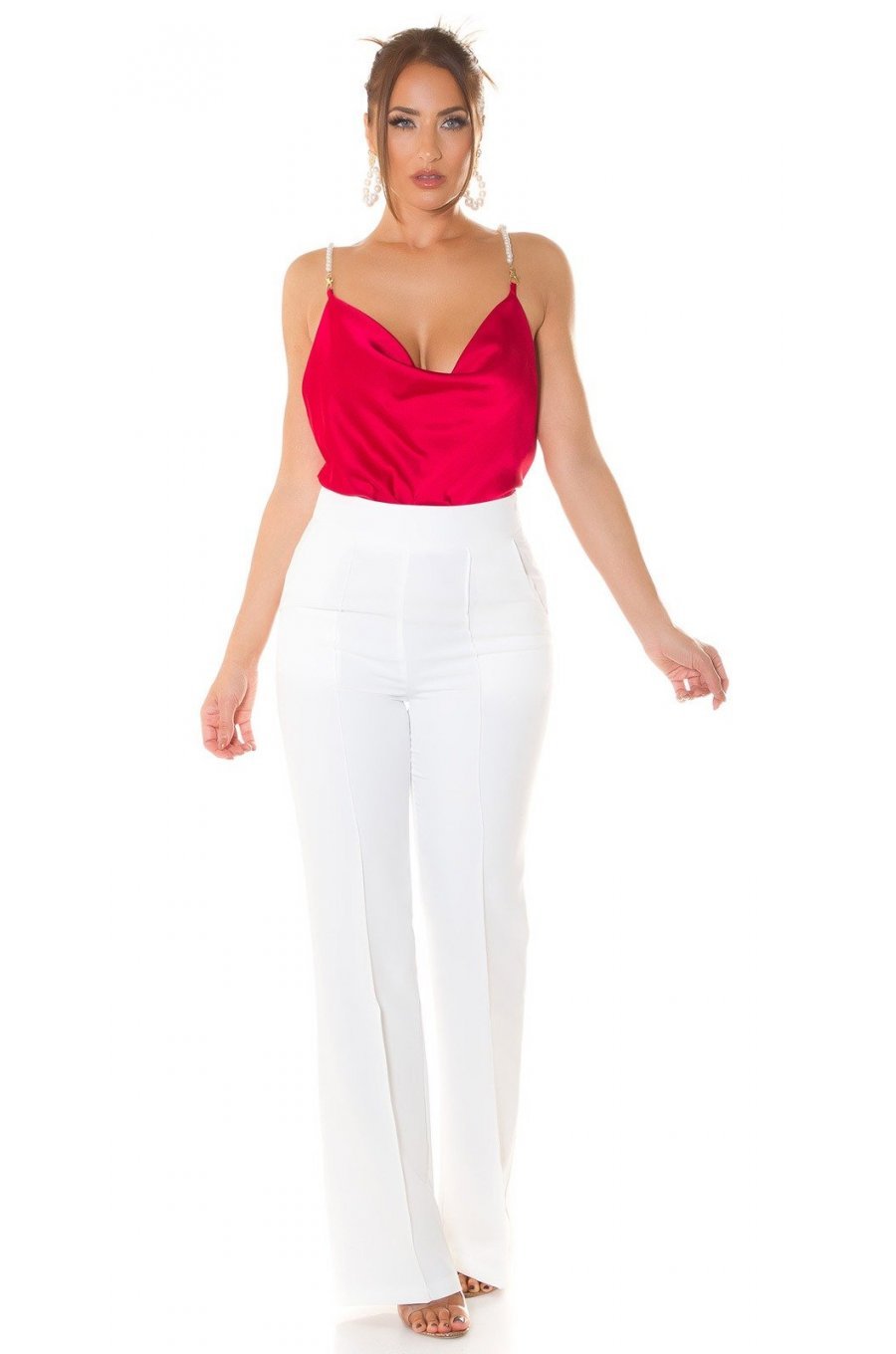 Top dama, decolteu cascada, satin rosu, accesorizat cu perle artificiale, Cinnia 3 - jojofashion.ro