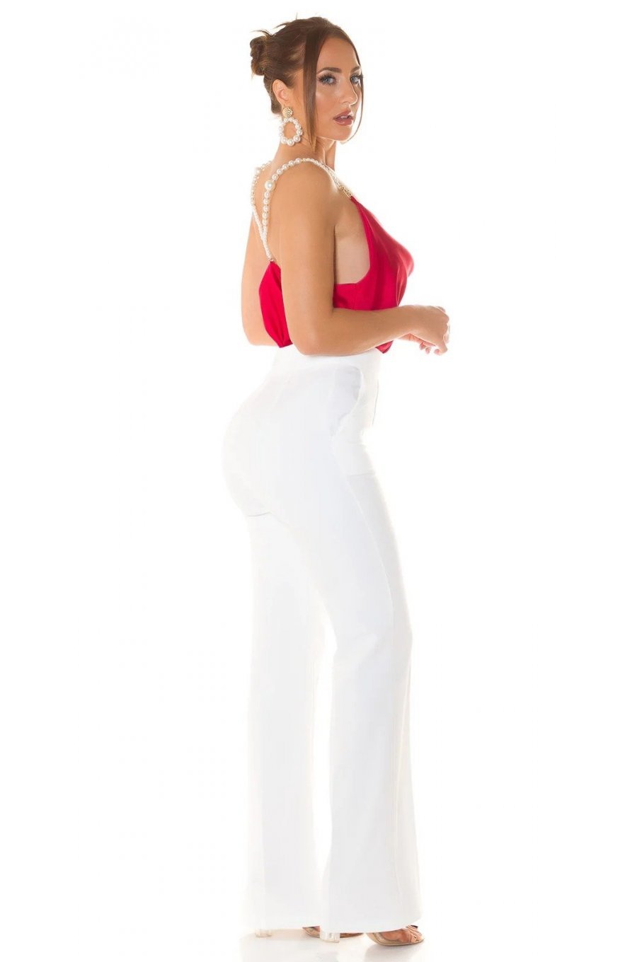 Top dama, decolteu cascada, satin rosu, accesorizat cu perle artificiale, Cinnia 5 - jojofashion.ro