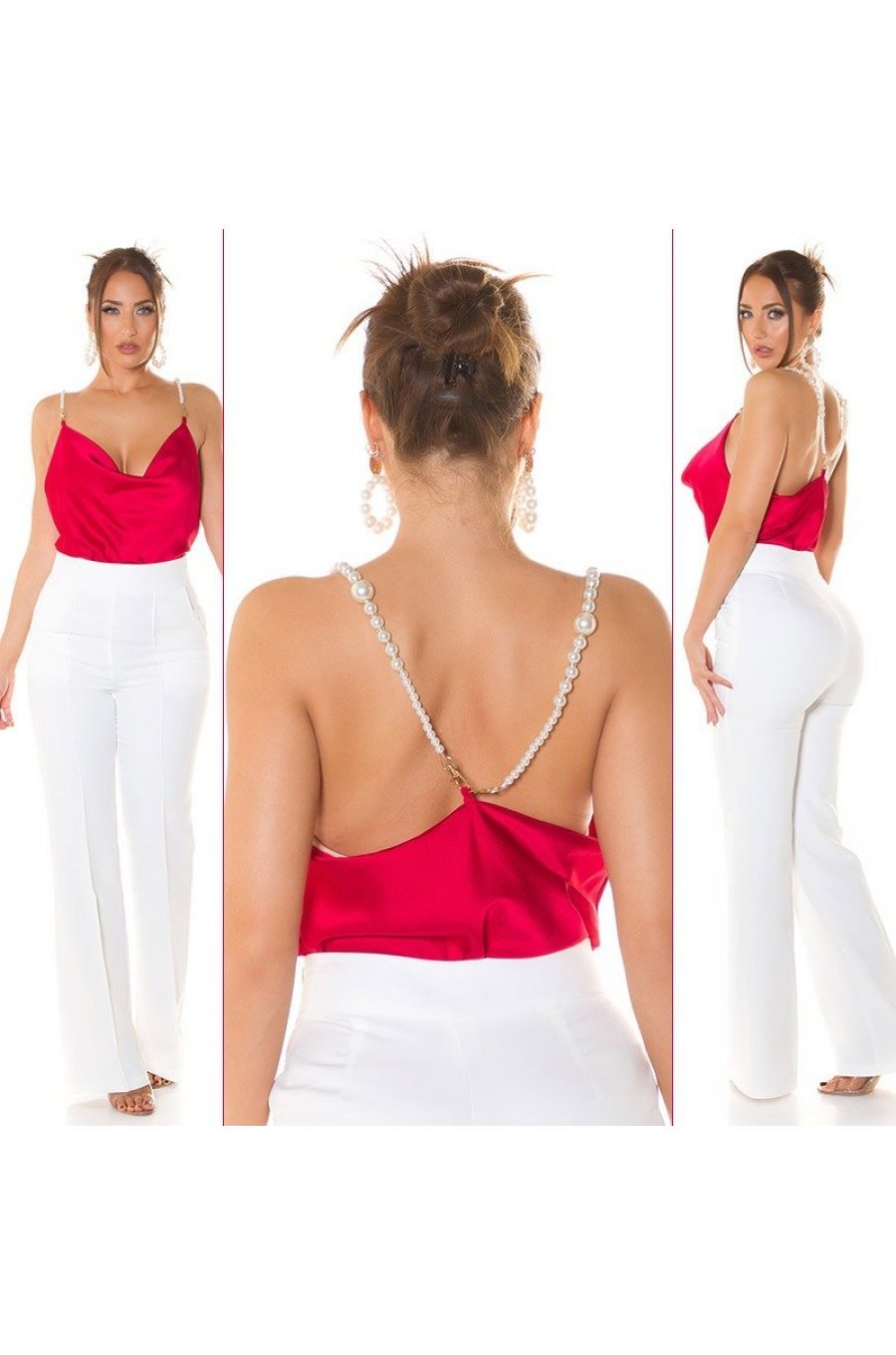 Top dama, decolteu cascada, satin rosu, accesorizat cu perle artificiale, Cinnia 6 - jojofashion.ro