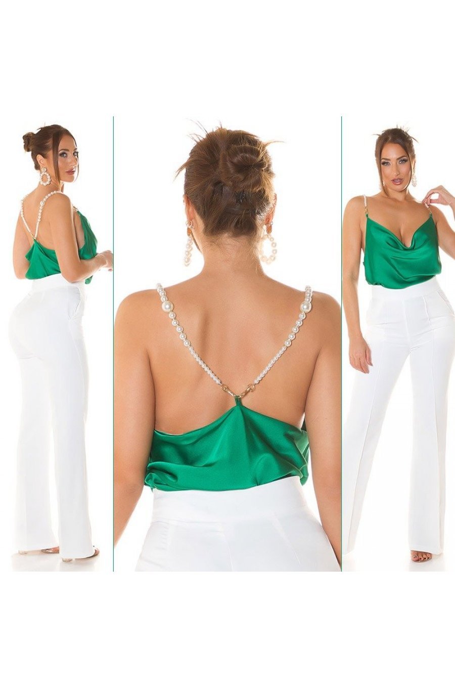Top dama, decolteu cascada, satin verde, accesorizat cu perle artificiale, Cinnia 7 - jojofashion.ro