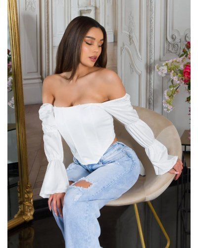 Crop top, Top dama tip corset, alb, din satin, cu maneca lunga si umerii goi, Esra - jojofashion.ro