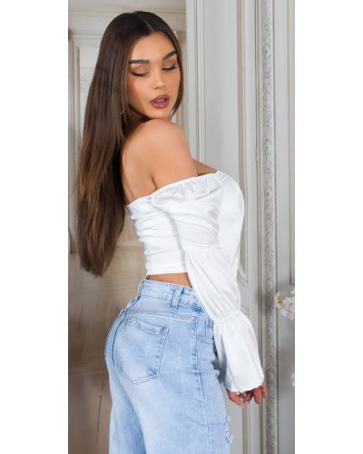 Crop top, Top dama tip corset, alb, din satin, cu maneca lunga si umerii goi, Esra - jojofashion.ro