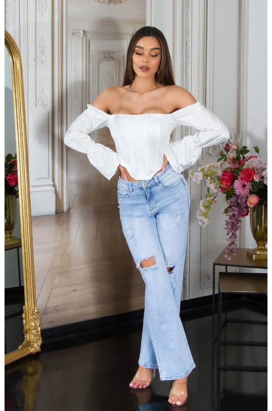 Top dama tip corset, alb, din satin, cu maneca lunga si umerii goi, Esra 3 - jojofashion.ro