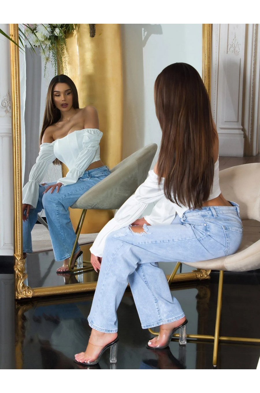 Top dama tip corset, alb, din satin, cu maneca lunga si umerii goi, Esra 4 - jojofashion.ro