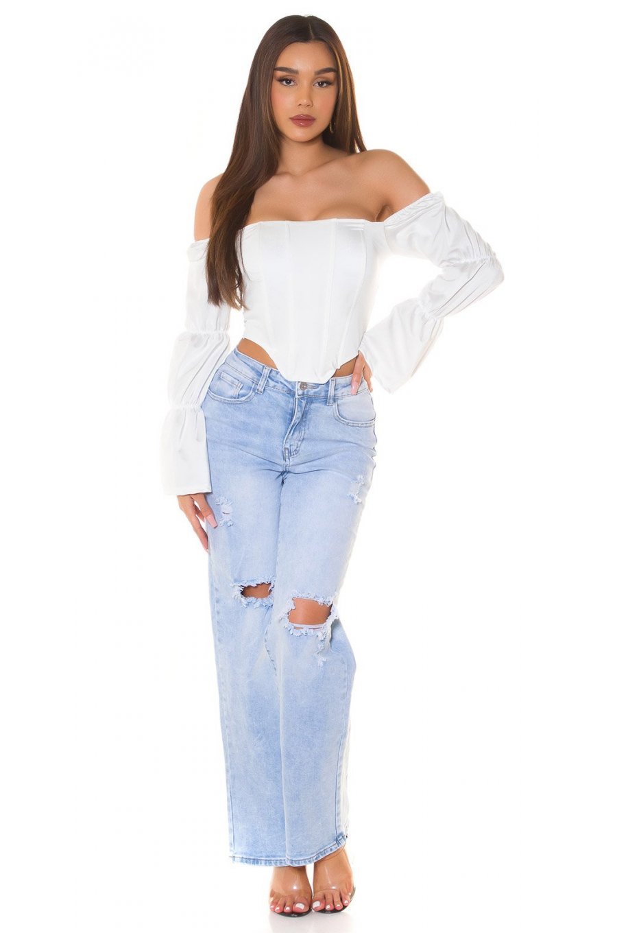 Top dama tip corset, alb, din satin, cu maneca lunga si umerii goi, Esra 5 - jojofashion.ro